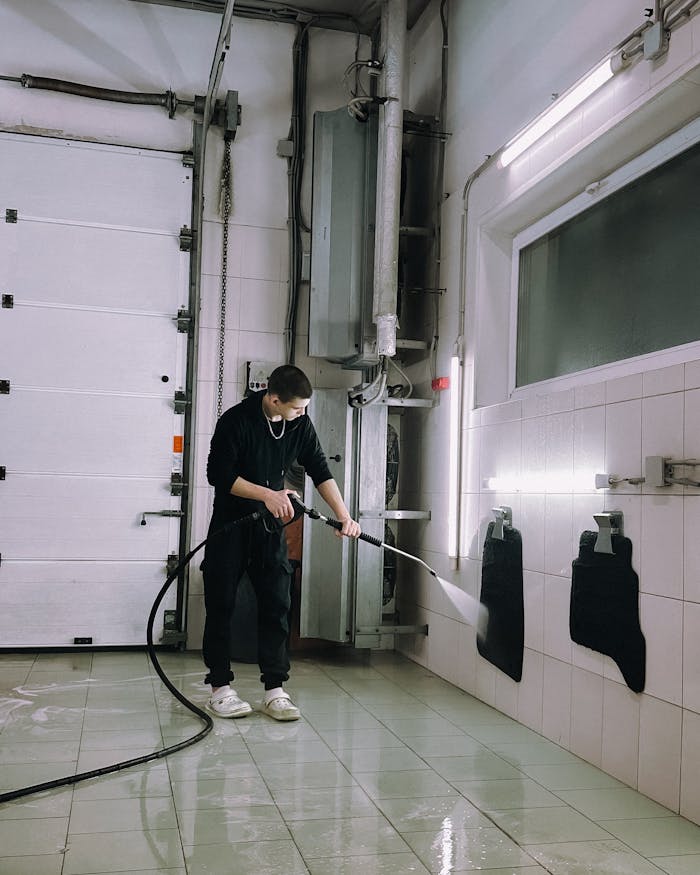 A person uses a power washer in an industrial setting, highlighting safety and cleanliness.